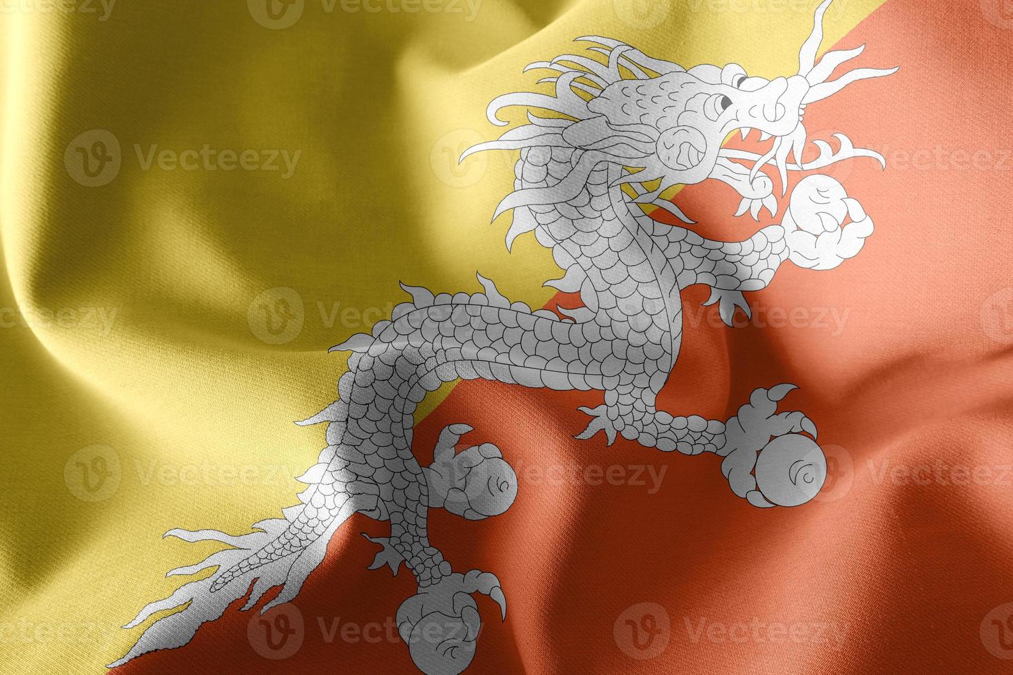 Representación 3D, ilustración, primer plano de la bandera de Bután ondeando en el fondo de la bandera del viento foto