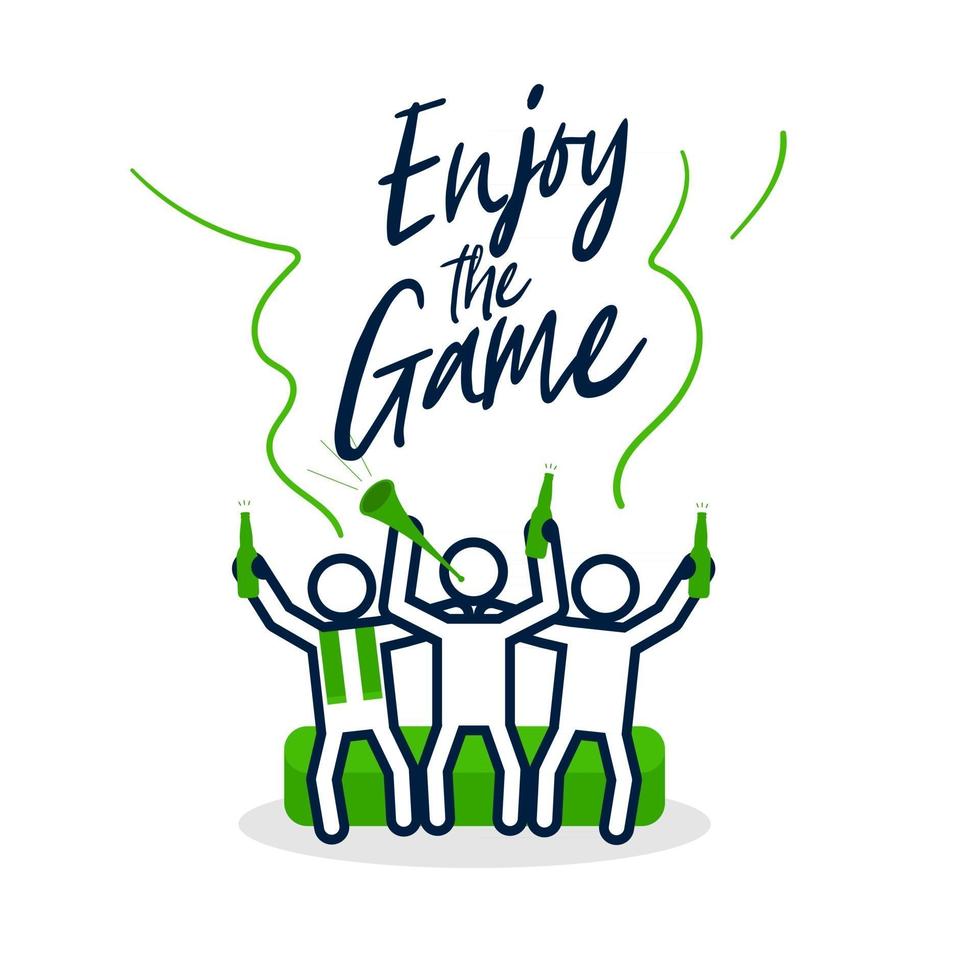 Enjoy the game Football fans cheer the game with friends on sofa at home and holding beer bottle vector