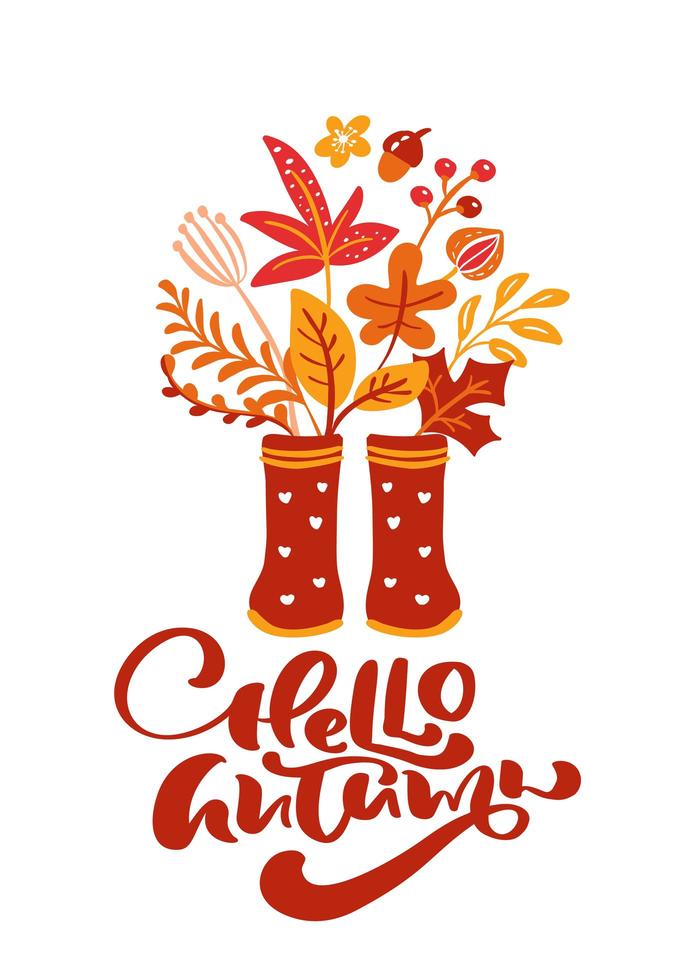 greeting card with text Hello Autumn and red rubber boots. Orange leaves of maple, november foliage, oak and birch tree, fall nature season poster or banner thanksgiving design vector