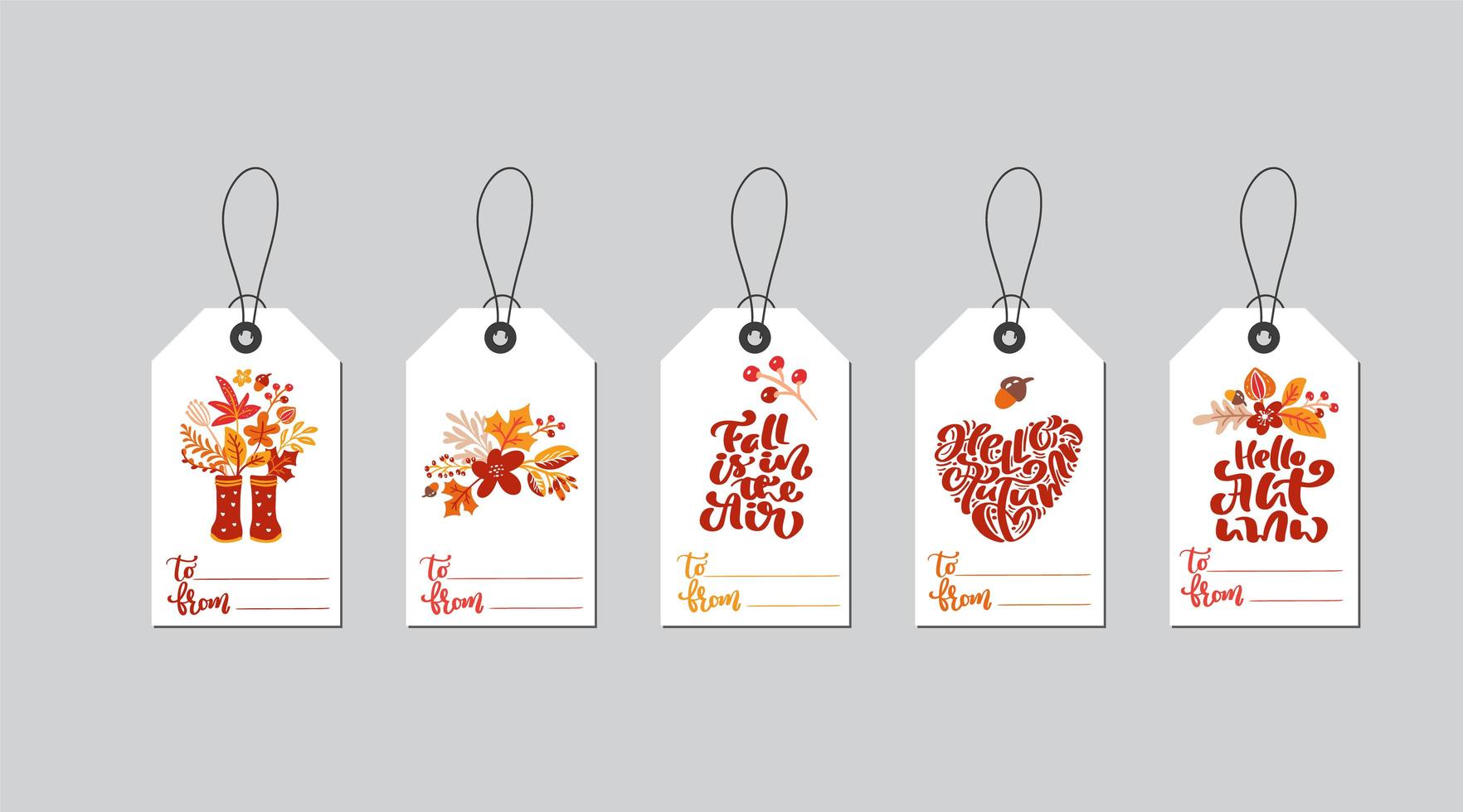 Set of vector autumn gift box tags with fall calligraphy. Hand drawn doodle vector illustration for Thanksgiving decor. Flat design