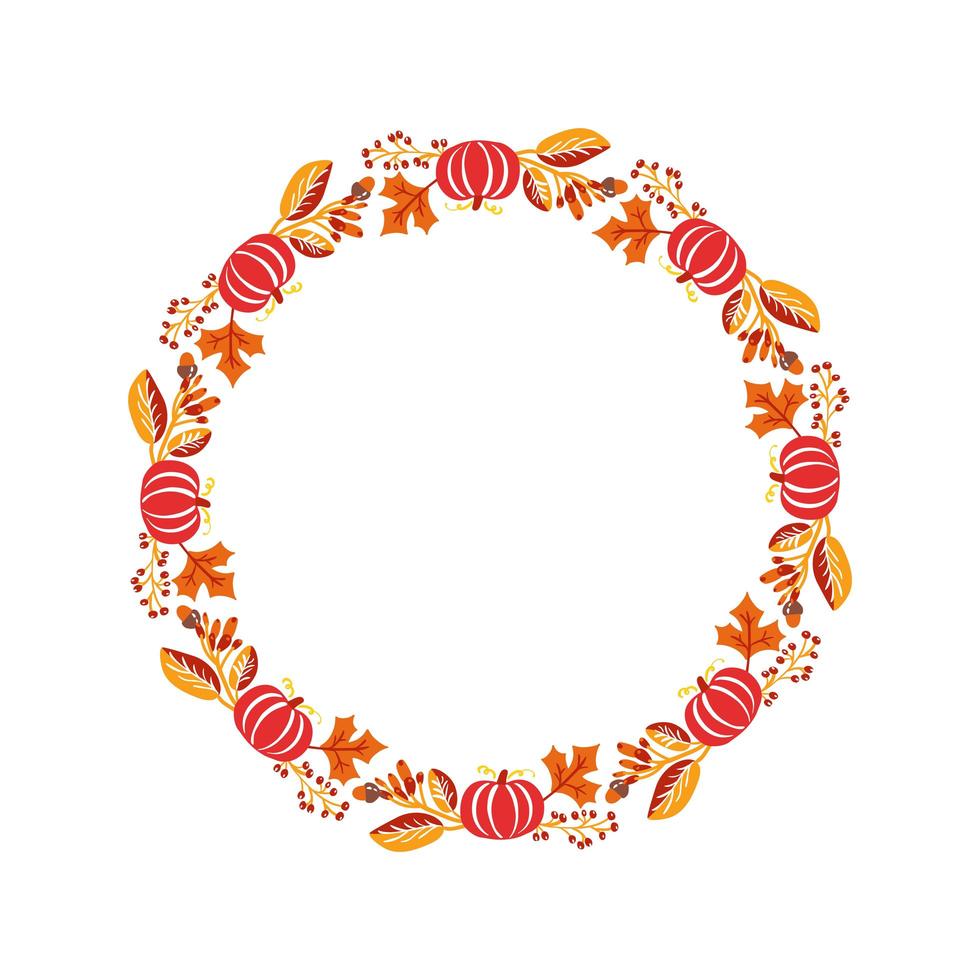 Vector frame autumn bouquet wreath. Orange leaves, berries and pumpkin isolated on white background with place for text. Perfect for seasonal holidays, Thanksgiving Day