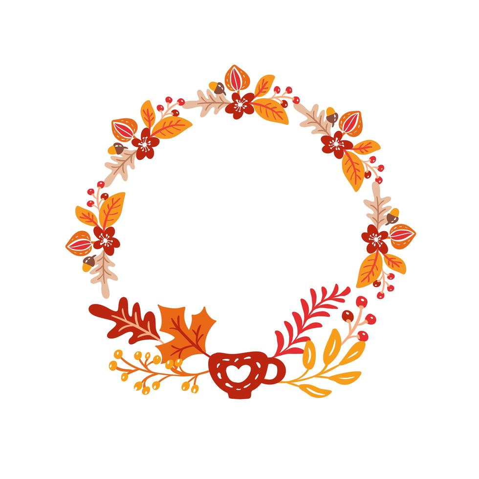 Vector frame autumn bouquet wreath. Orange leaves, berries isolated on white background. Perfect for seasonal holidays, Thanksgiving Day