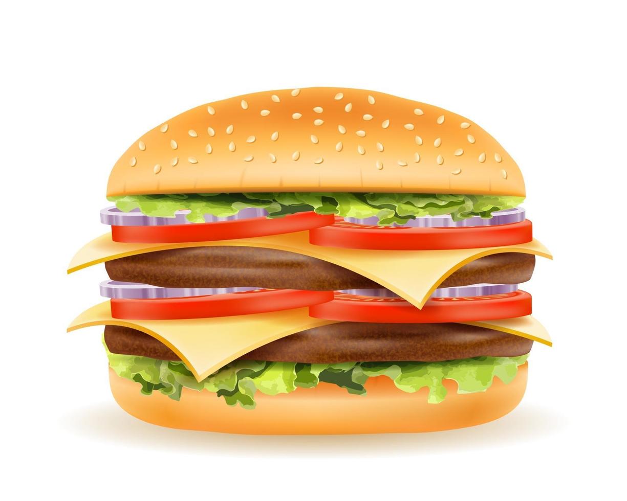 Hamburguesa clásica con chuleta de carne, tomate, cebolla y queso en una ilustración de vector de stock pan aislado sobre fondo blanco.