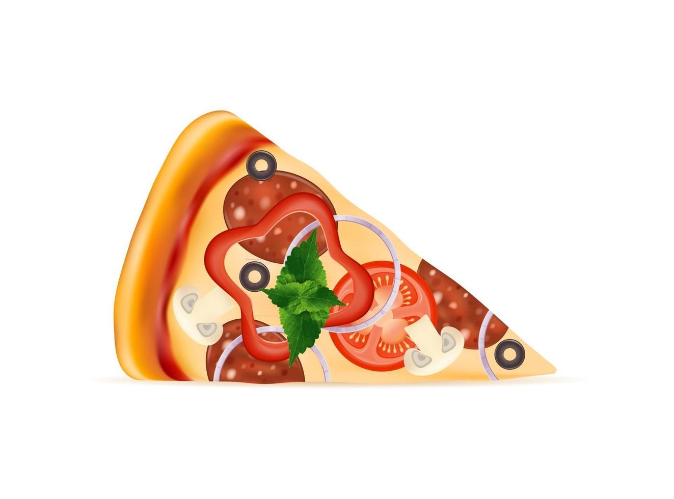 Rebanada de pizza con queso, tomate, salami, oliva, champiñón, cebolla, stock, vector, ilustración, aislado, blanco, plano de fondo vector