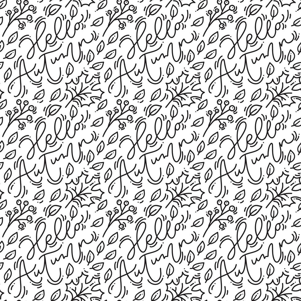 Seamless pattern with autumn oak leaves and calligraphy Hello Autumn in black. Perfect for wallpaper, gift paper, pattern fills, web page background, autumn greeting card, pillow vector