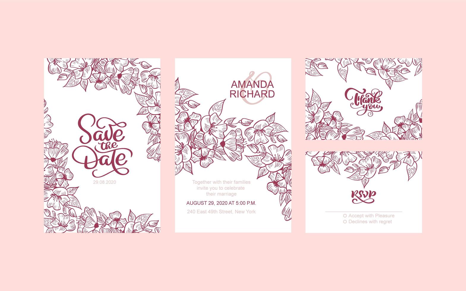 Wedding Invitation, floral invite save the date, thank you, rsvp modern card Design - red decorative wreath with flowers and frame. Vector elegant rustic template
