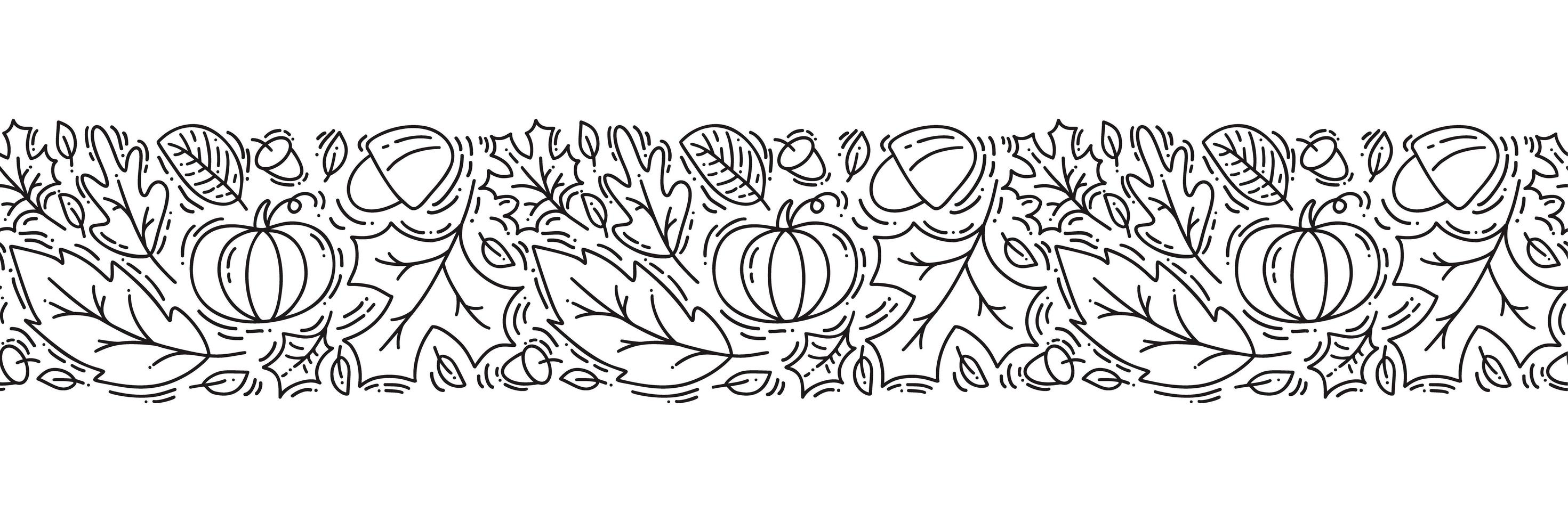 monoline de ornamento de patrones sin fisuras con bellotas, calabaza y hojas de roble otoñal en negro. perfecto para papel tapiz, relleno de papel de regalo, fondo de página web, tarjeta de felicitación de otoño, almohada vector