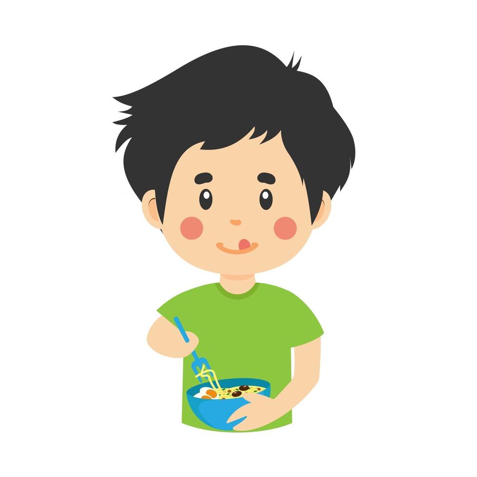 niño feliz comiendo fideos vector