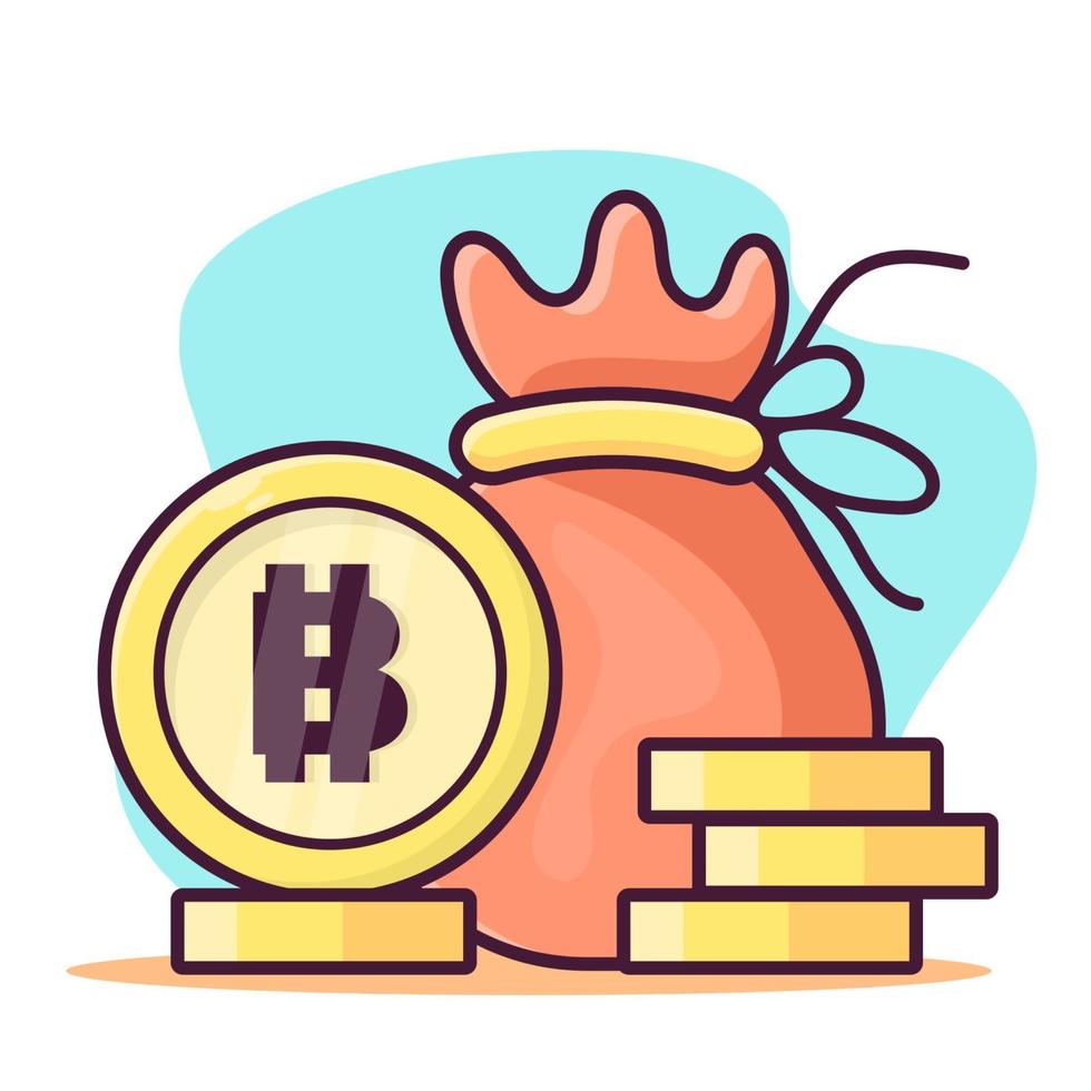bolsa de dinero con moneda bitcoin aislado ilustración de dibujos animados en estilo plano vector