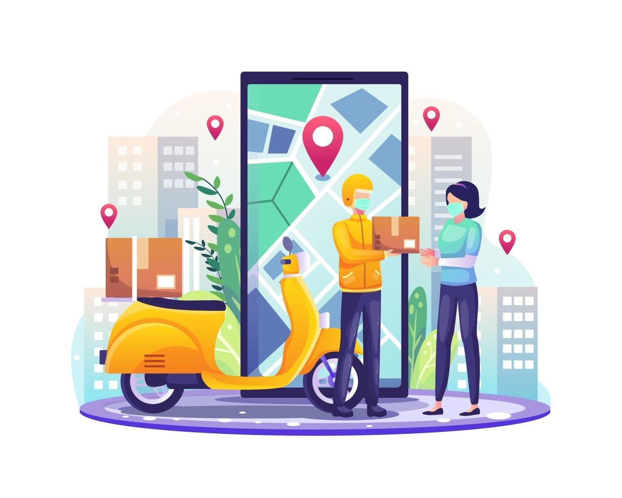 Online delivery services concept with delivery man courier and scooter deliver a parcel to customer vector illustration