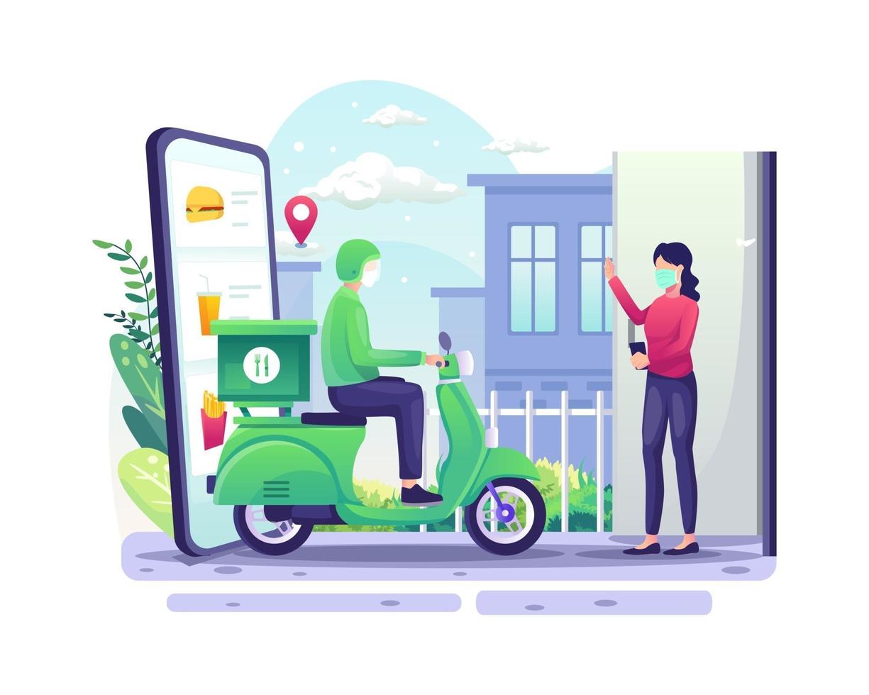 Online Food Delivery concept with delivery man and scooter deliver food order to a woman vector illustration