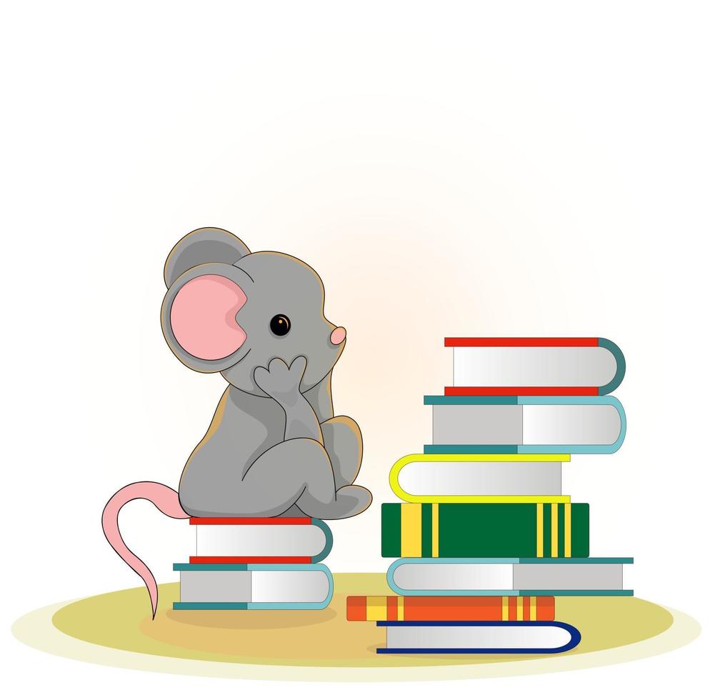 Vector image of a mouse sitting among books