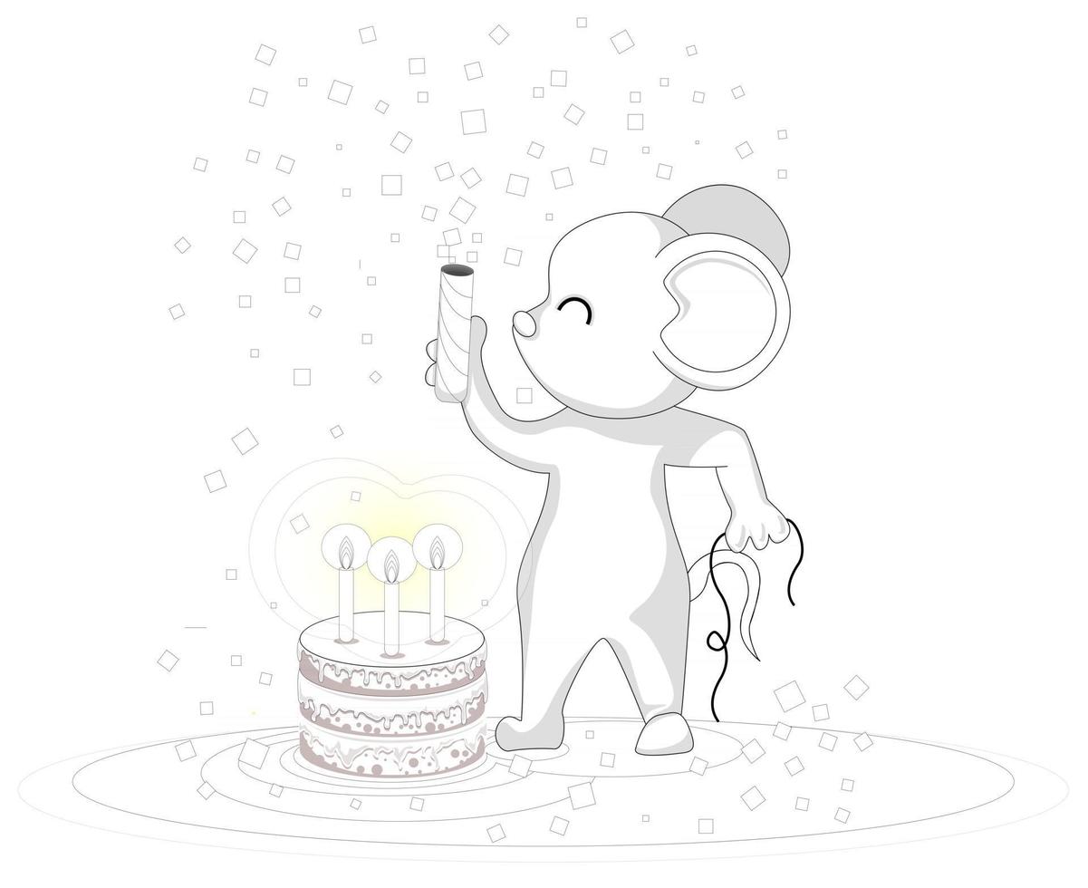 Vector image of a mouse celebrating a birthday with a big cake and a cracker