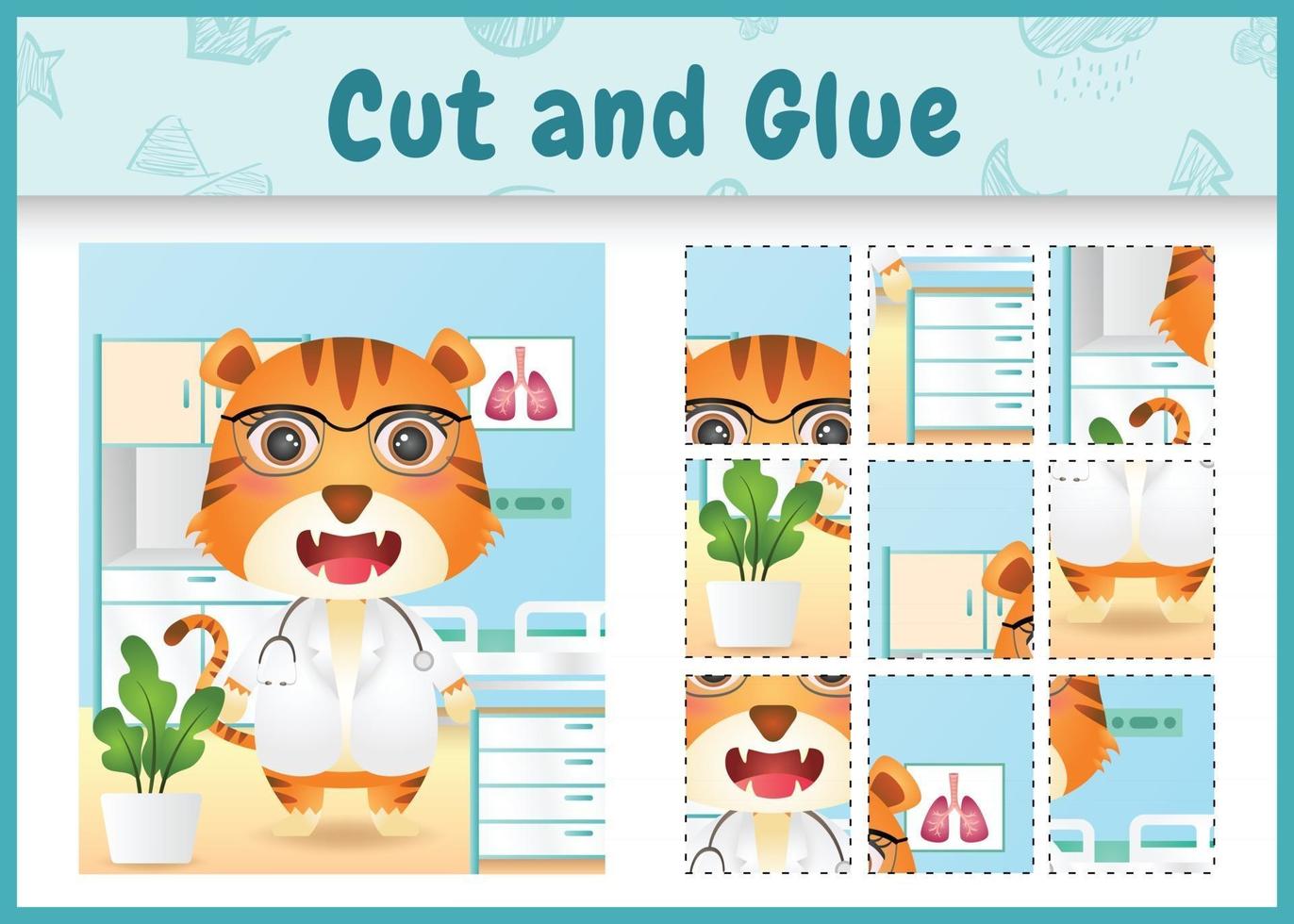 Children board game cut and glue with a cute tiger doctor character illustration vector