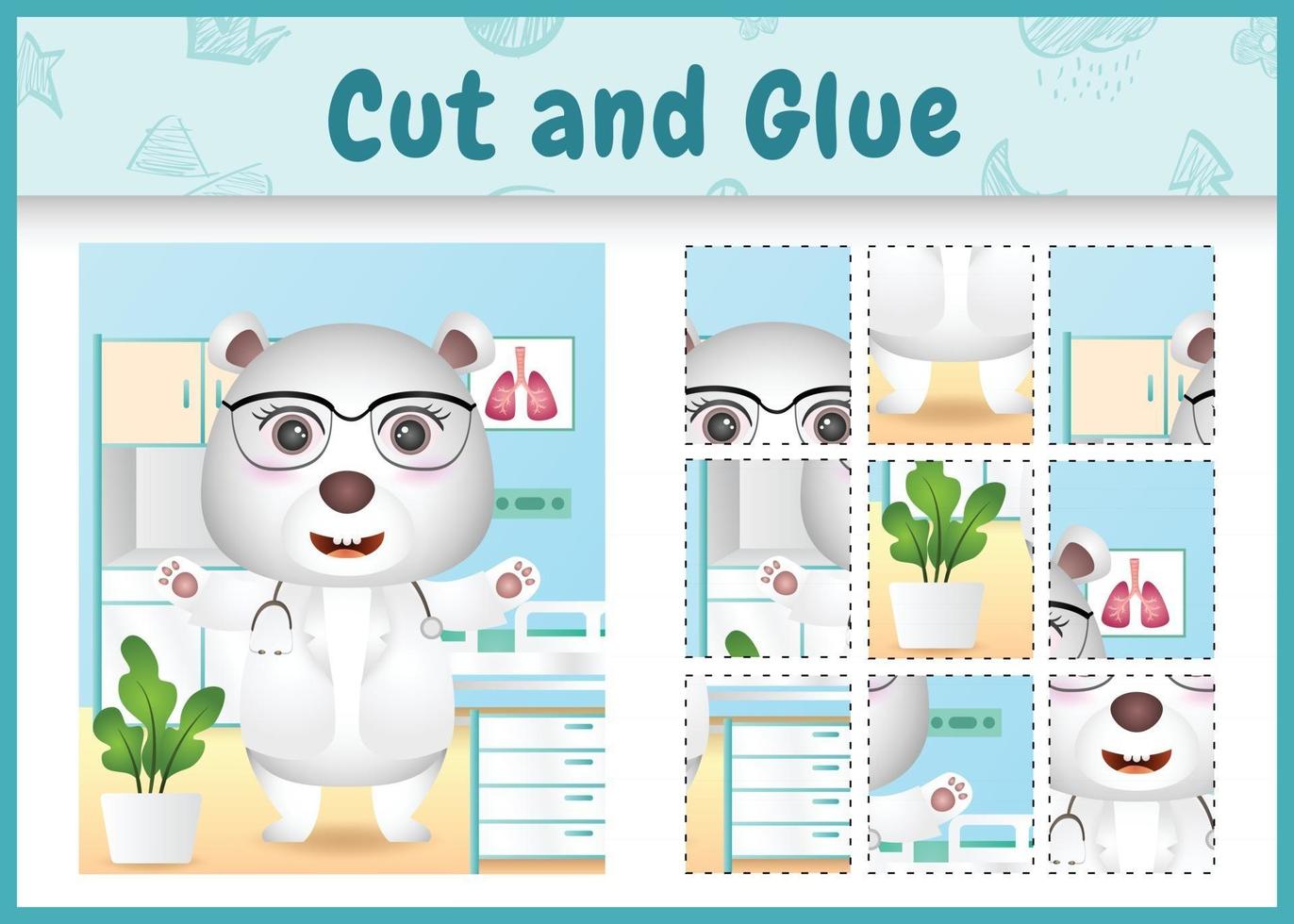 Children board game cut and glue with a cute polar bear doctor character illustration vector