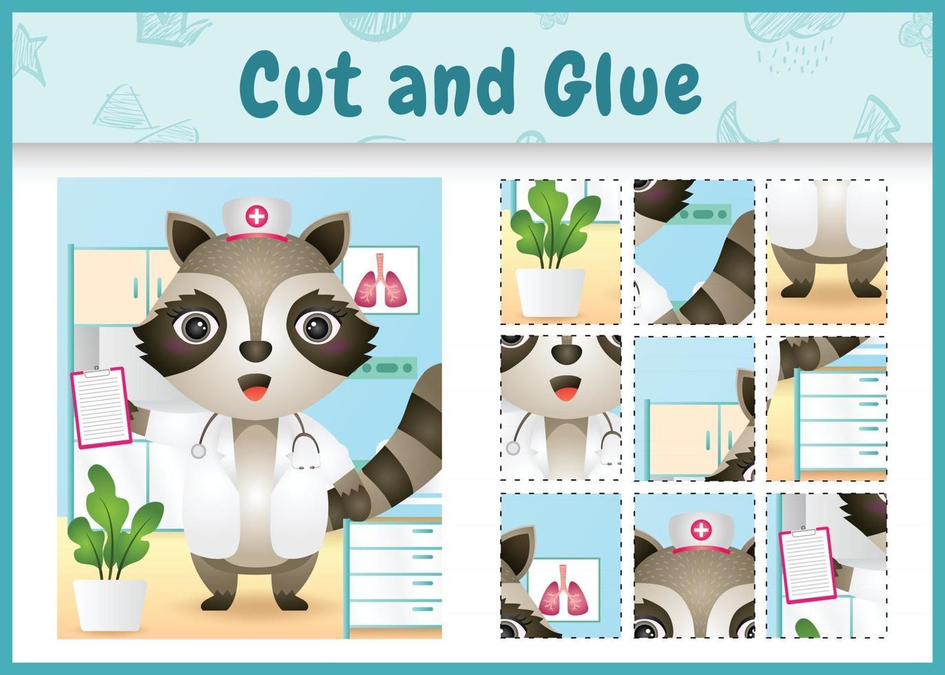 Children board game cut and glue with a cute raccoon using costume nurses vector