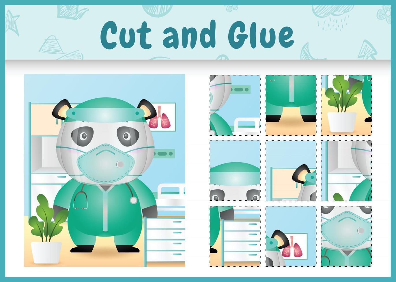 Children board game cut and glue with a cute panda using costume medical team vector