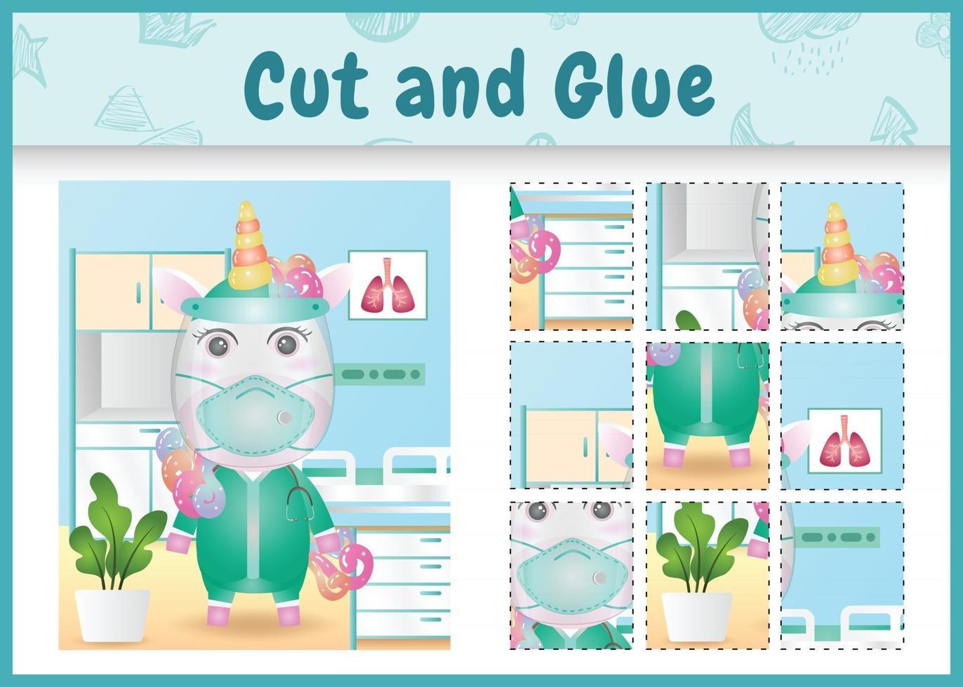 Children board game cut and glue with a cute unicorn using costume medical team vector