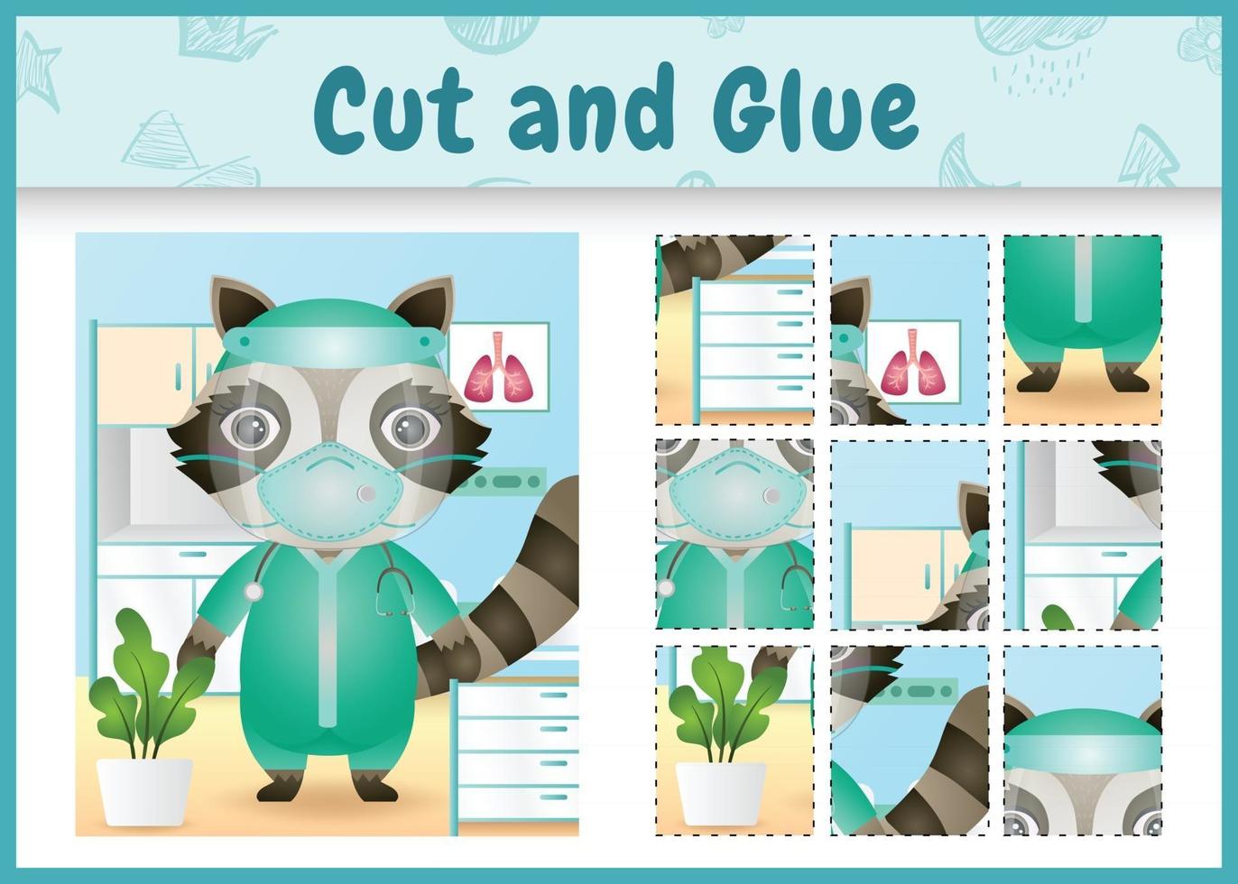 Children board game cut and glue with a cute raccoon using costume medical team vector