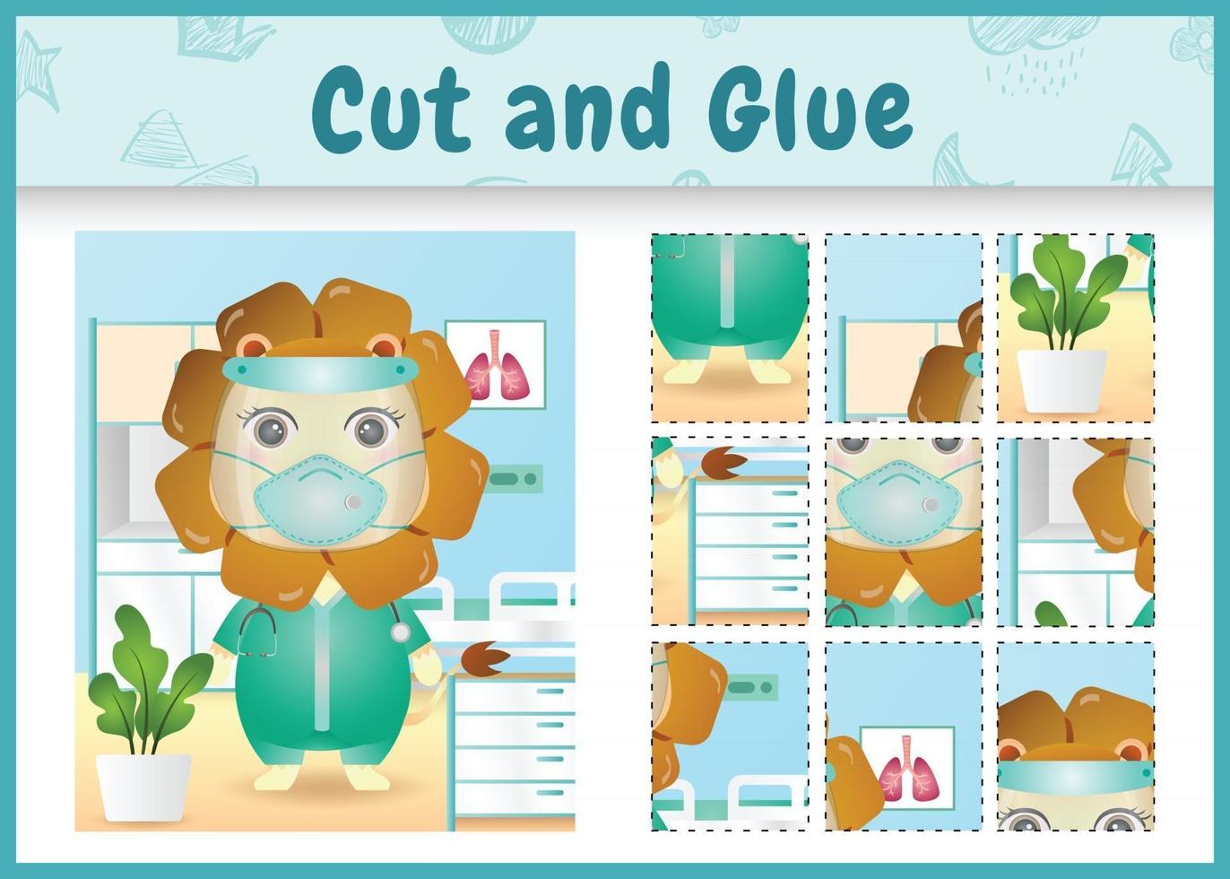 Children board game cut and glue with a cute lion using costume medical team vector