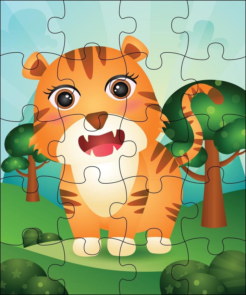 Ilustración de juego de rompecabezas para niños con tigre lindo vector