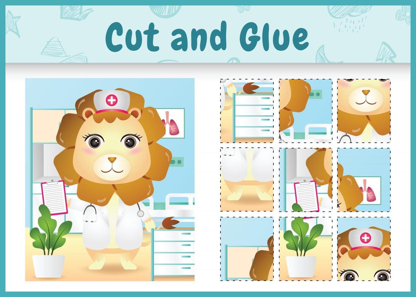 Children board game cut and glue with a cute lion using costume nurses vector