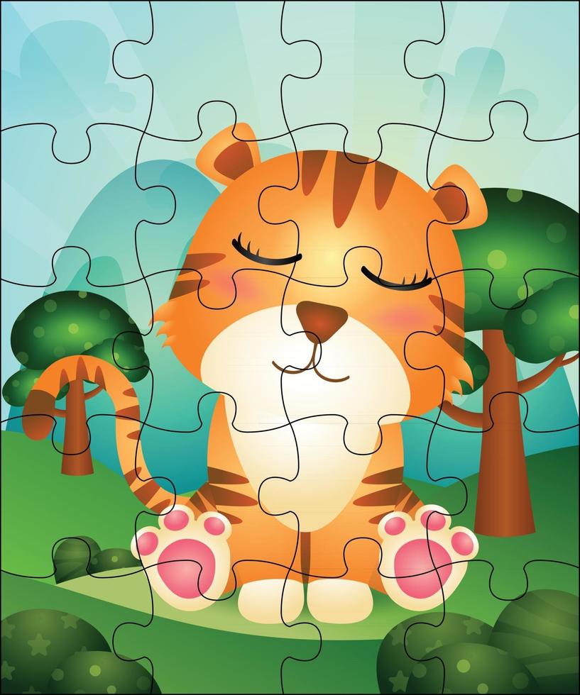 Puzzle game illustration for kids with cute tiger vector