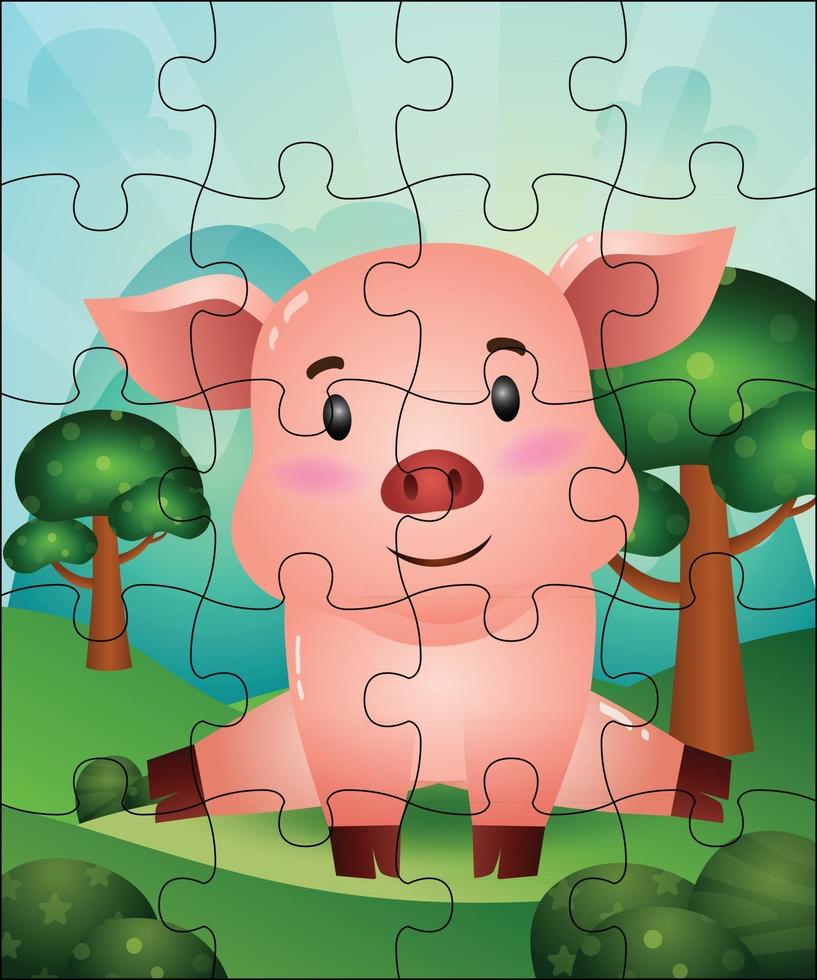 Ilustración de juego de rompecabezas para niños con cerdo lindo vector