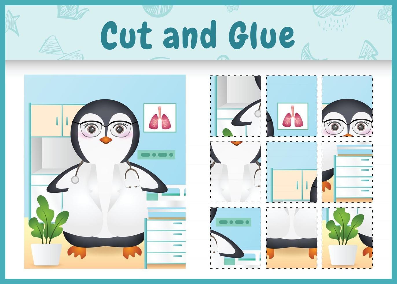 Children board game cut and glue with a cute penguin doctor character illustration vector
