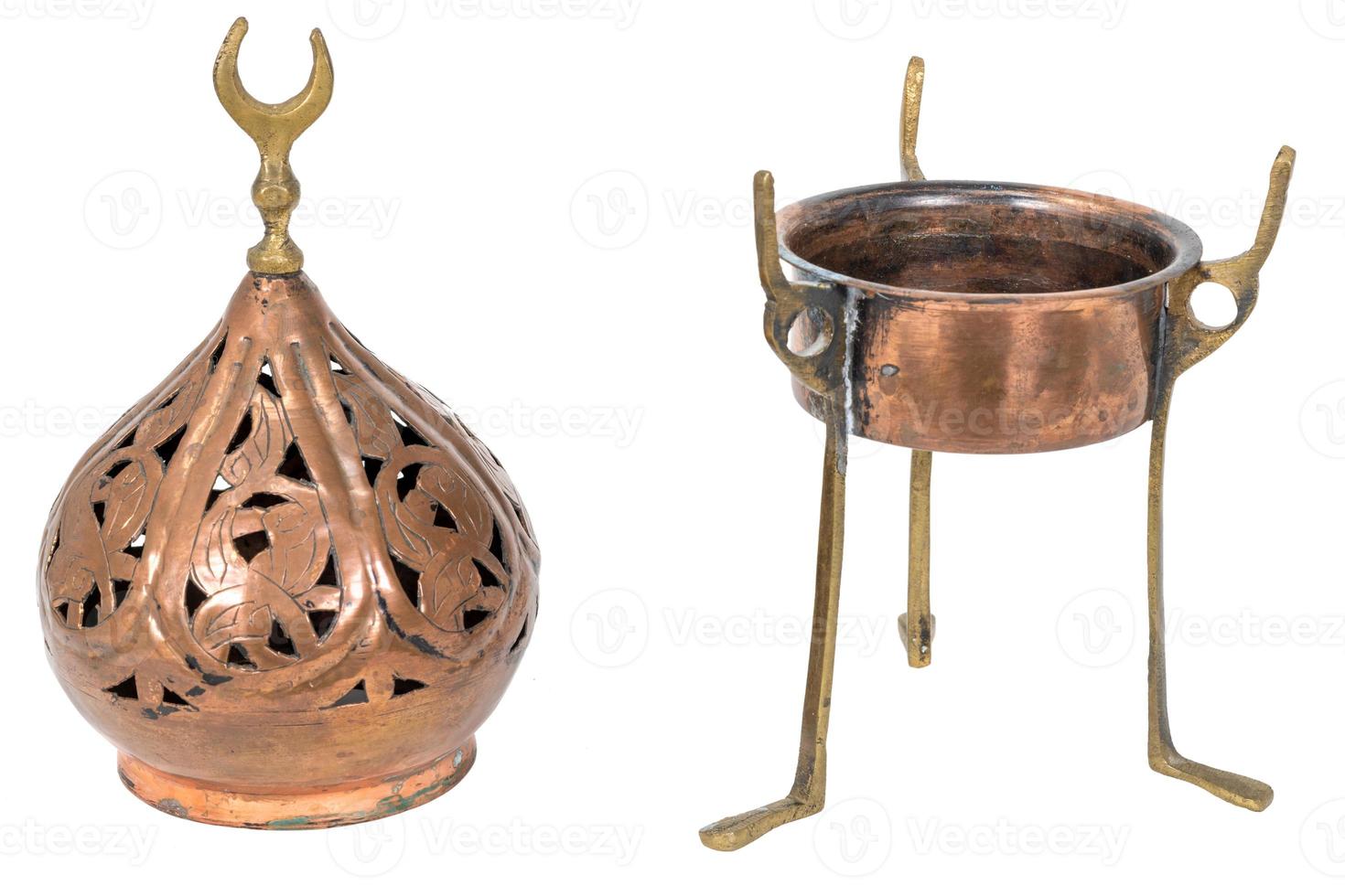 Old oriental incense burner made of copper isolated on white photo