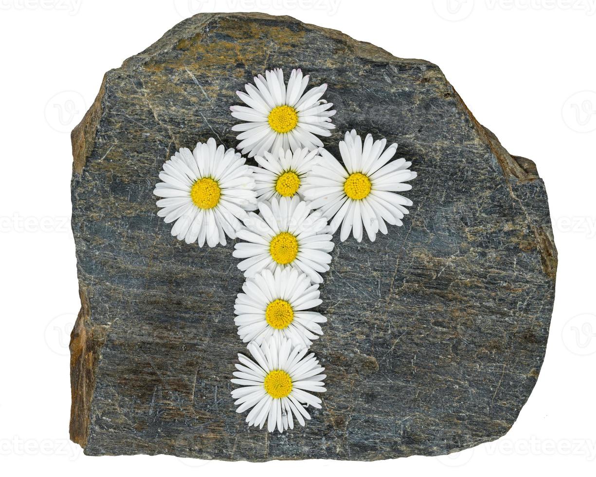 Christian cross made of yellow white daisy flowers on a gray slate plate photo