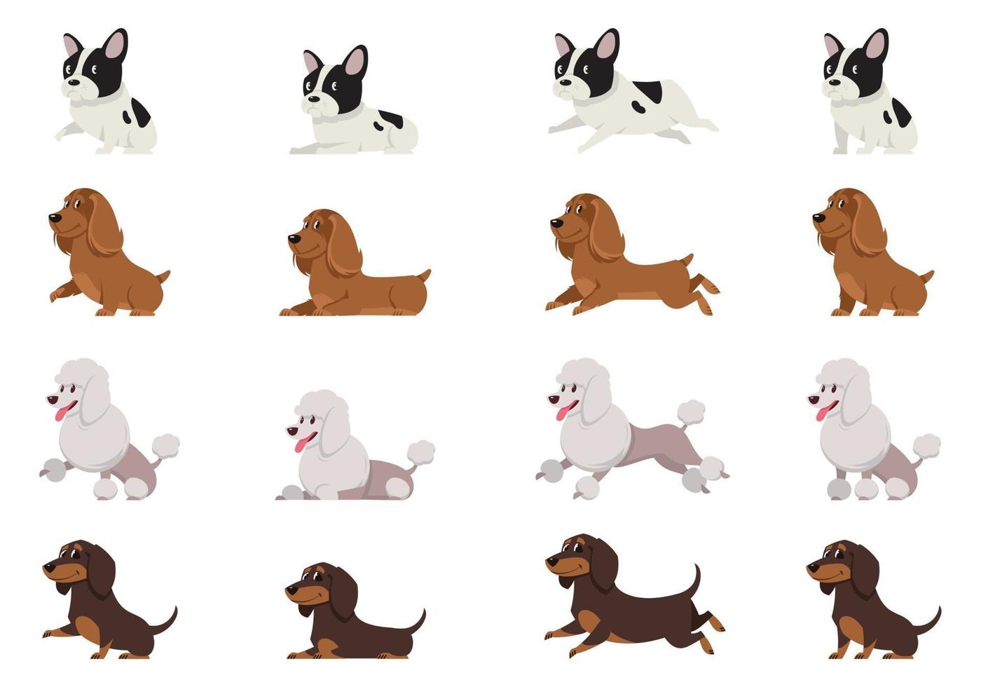 Bulldog francés, cocker spaniel, caniche y dachshund en diferentes poses vector