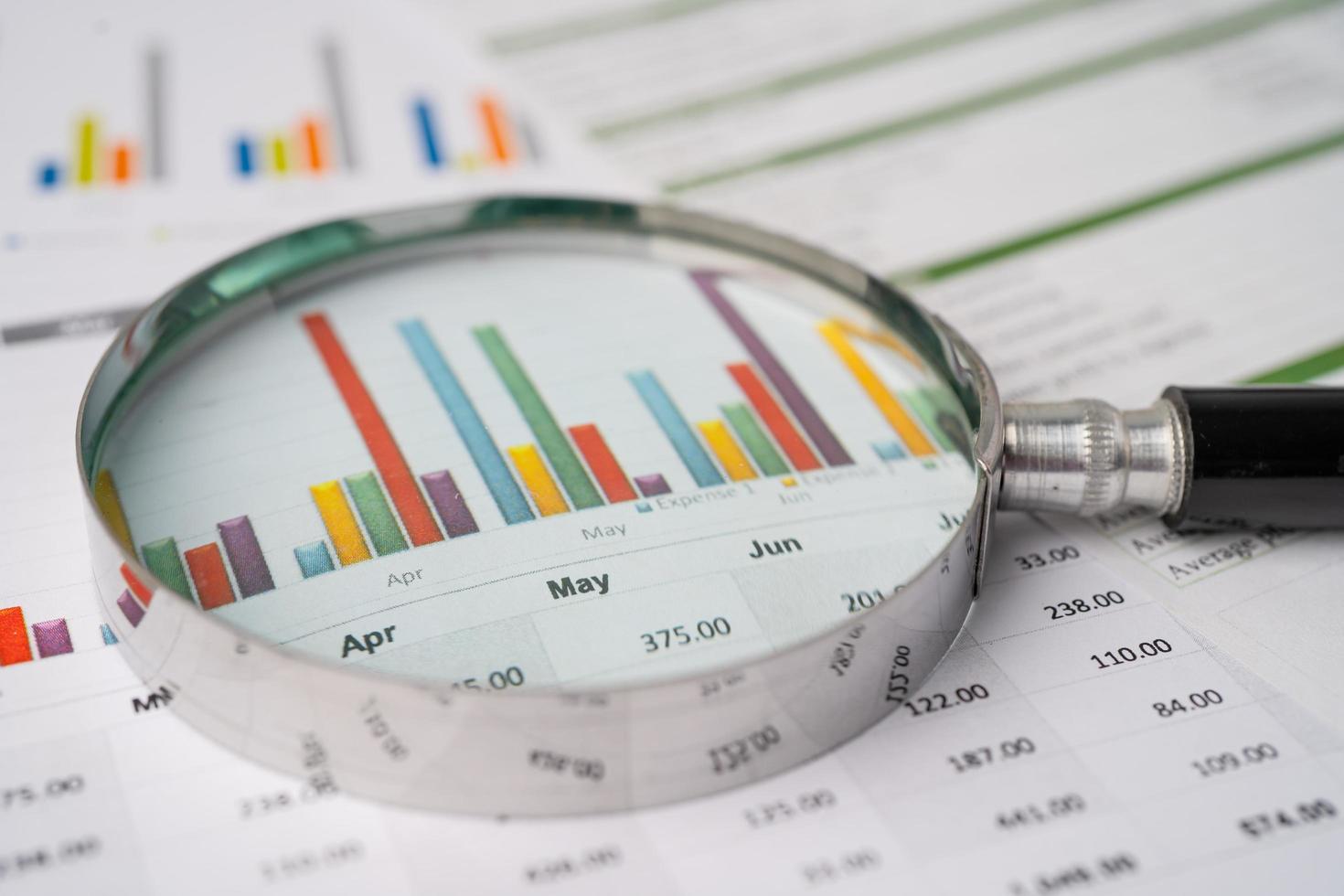 Magnifying glass on charts graphs paper photo