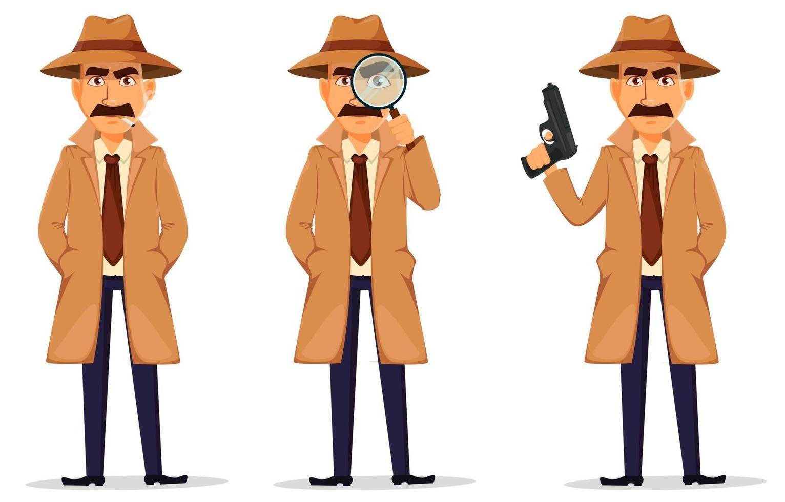 guapo detective de personaje de dibujos animados con sombrero y abrigo vector