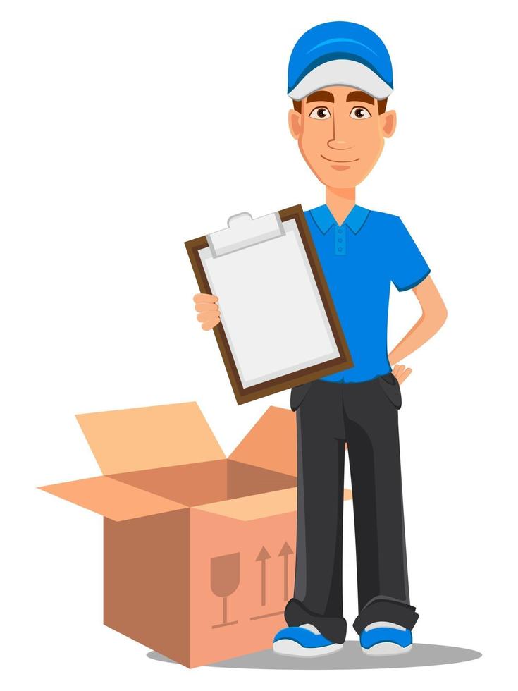 Smiling delivery man in blue uniform holding checklist vector