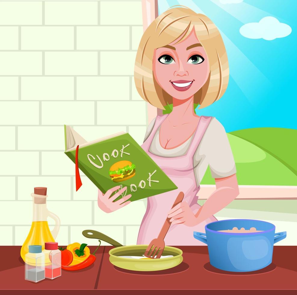 Woman cooking at home vector