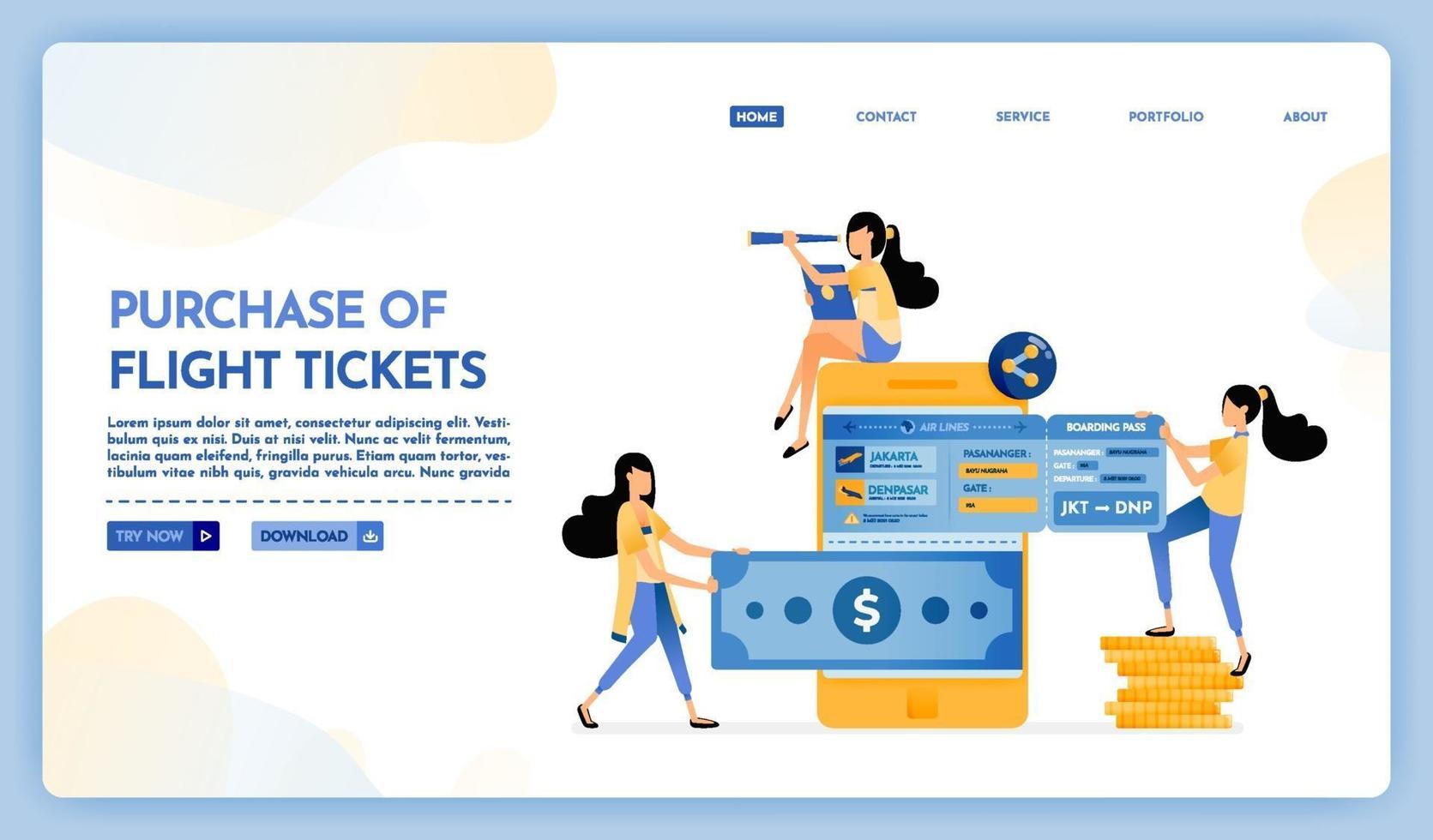 Landing page illustration of online purchase of flight ticket vector