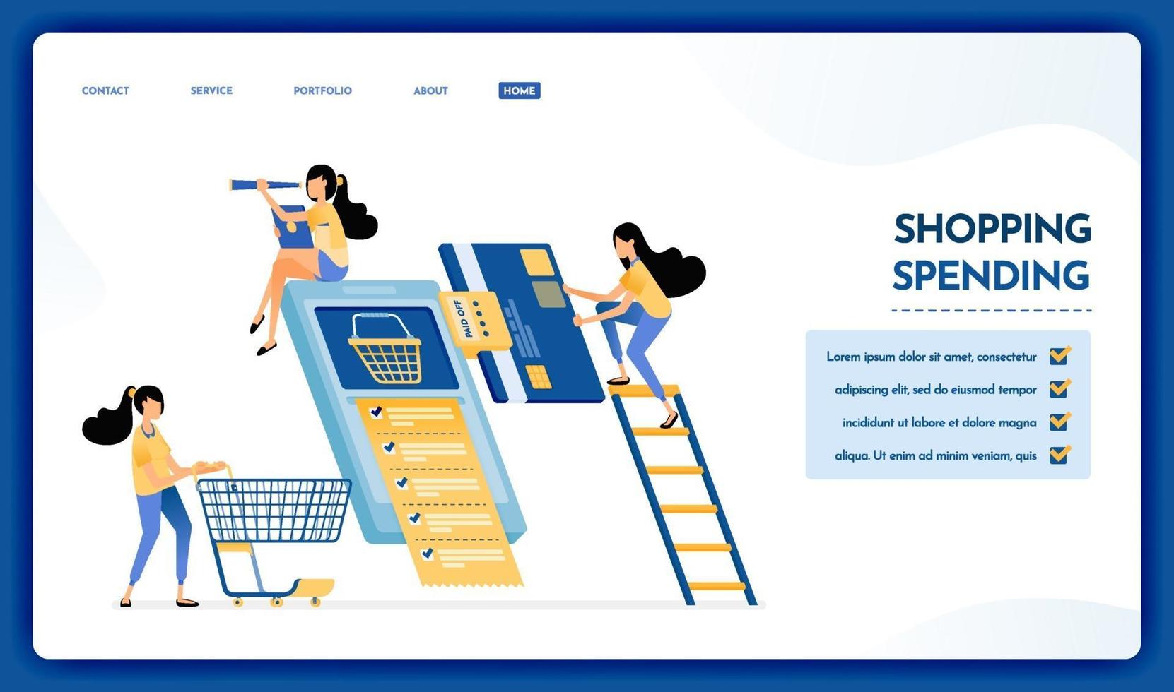 Landing page illustration of shopping and spending money vector