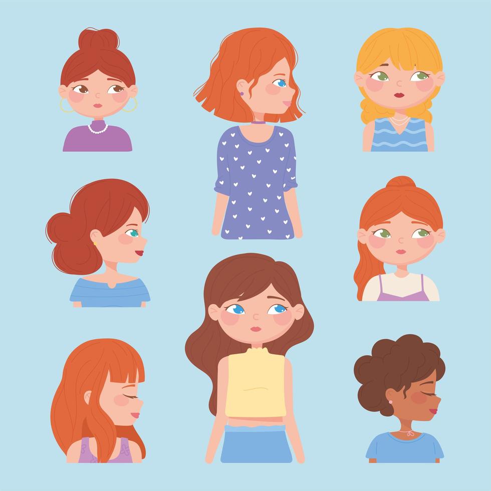 diverse female portraits and faces cartoon vector