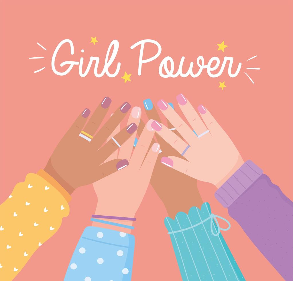 girl power diverse hands up female togwether womens day vector