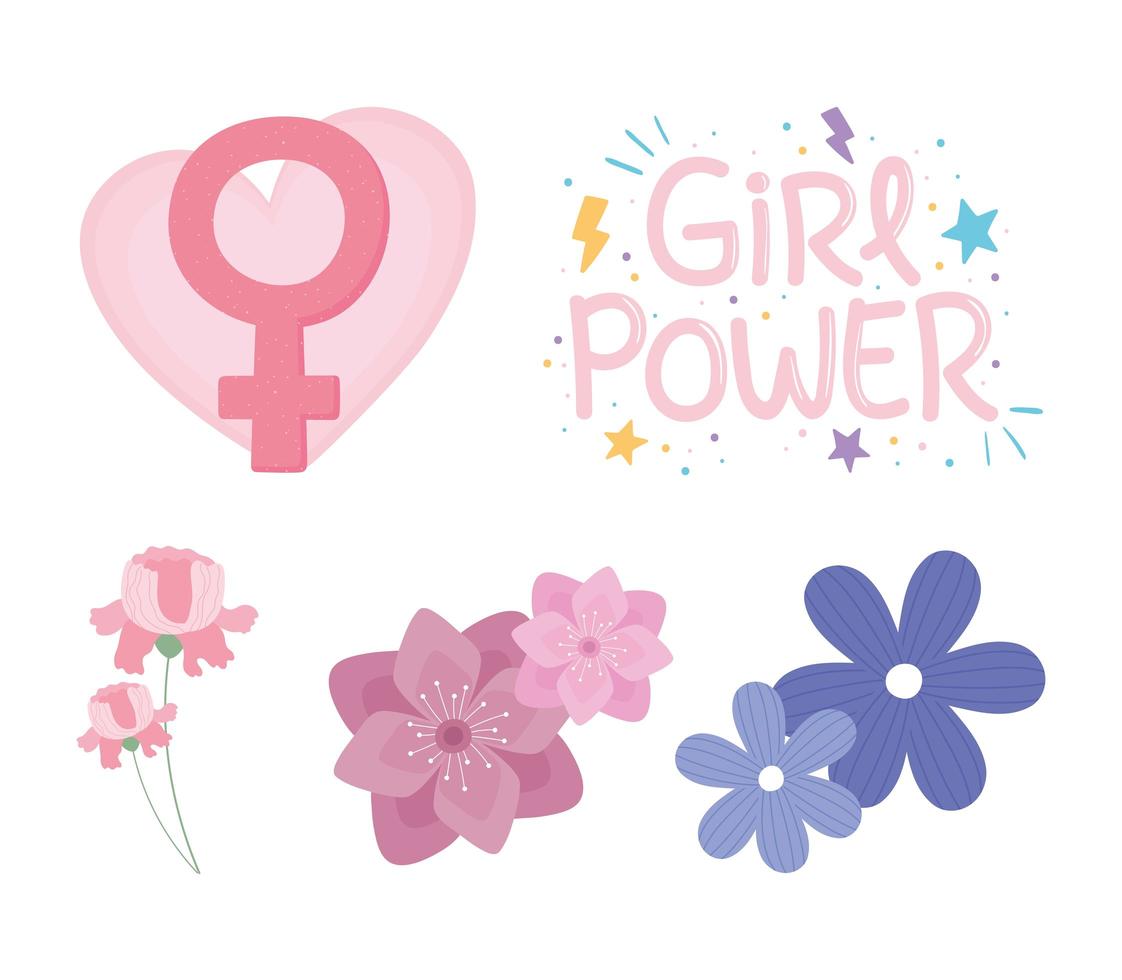 womens day set with flowers and gender female girl power vector