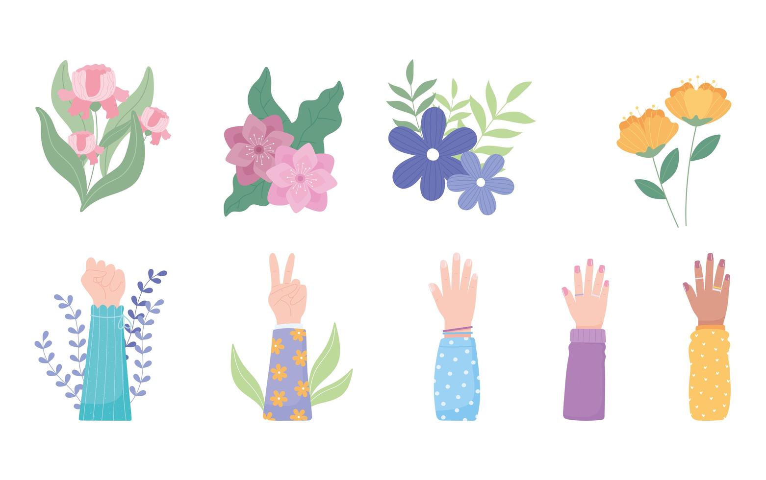 womens day female hands up with flowers nature decoration vector