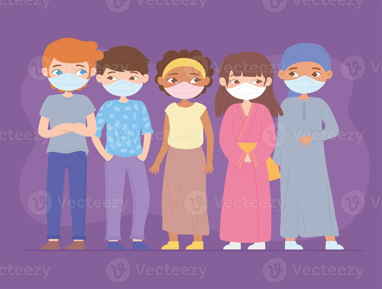 cartoon girls and boys characters with medical face masks photo