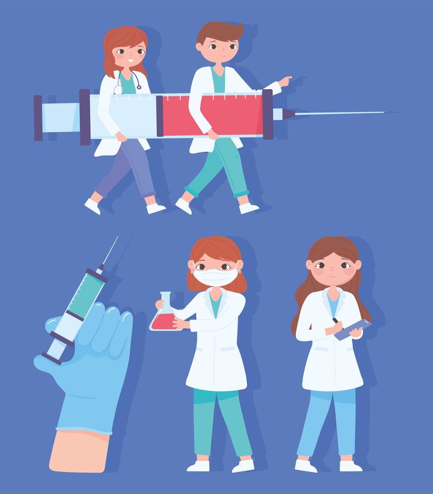 personaje dibujos animados doctores vacuna jeringa medicina covid 19 vector