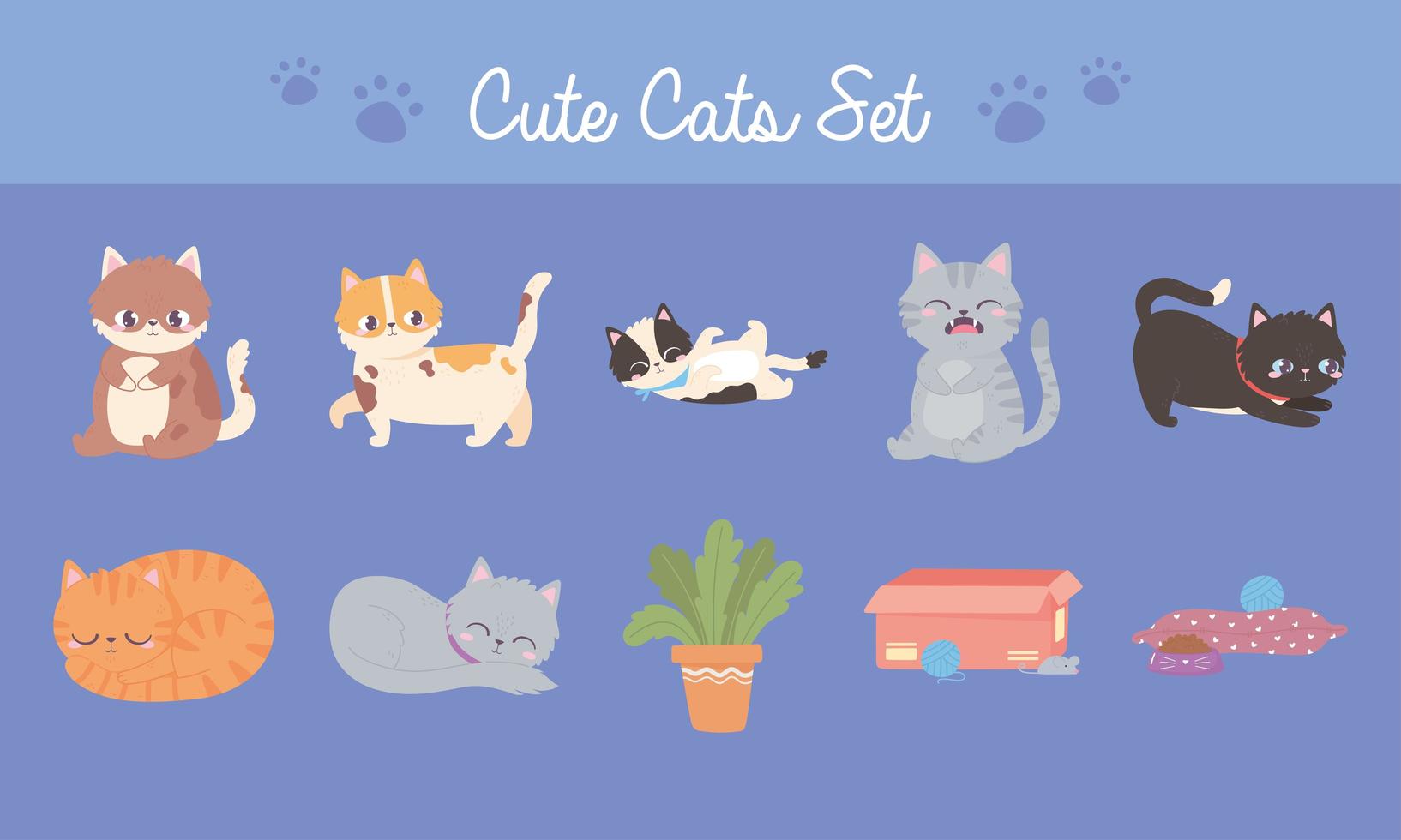 cute cats set different feline with toys food and plant vector