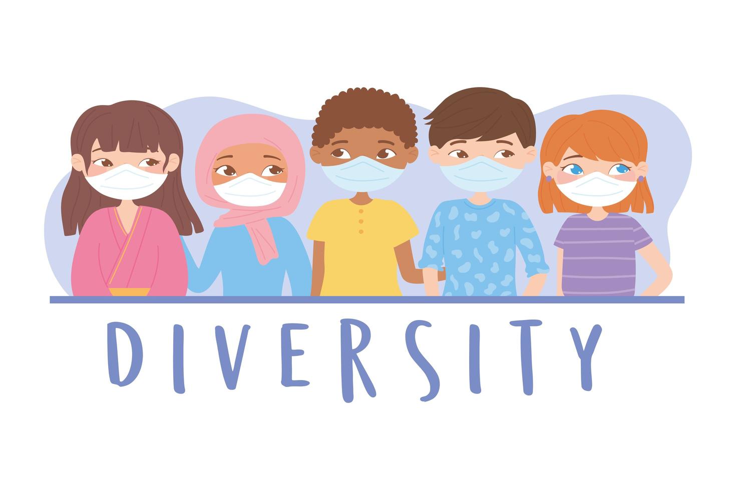diverse group of girls and boys wearing face masks vector