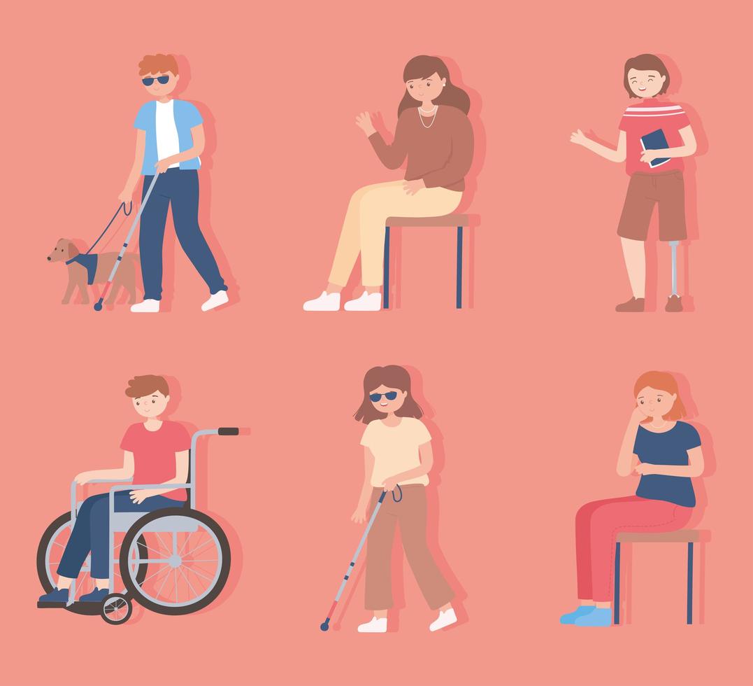 set of people disable blind walking and sitting characters vector