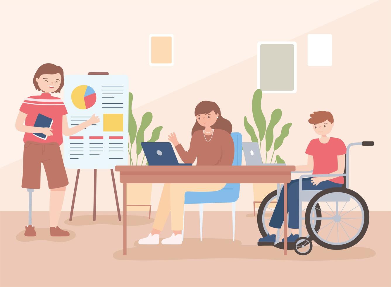 invalid man in wheelchair and man with leg prosthesis office work female employee vector