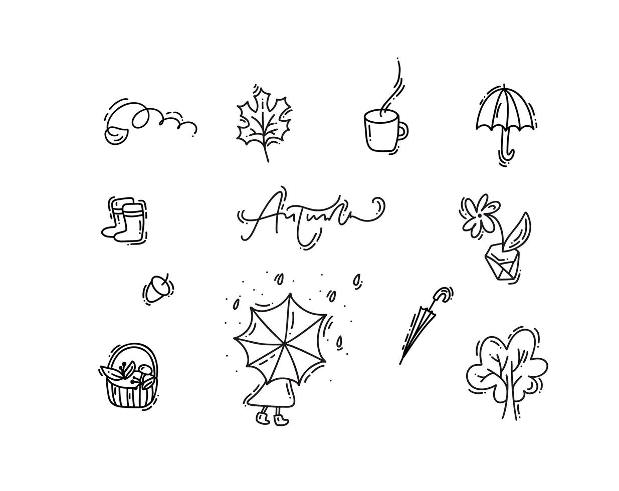 conjunto de elementos florales de vector monoline doodle. diseño gráfico de la colección de otoño. hierbas, hojas, paraguas. decoración de otoño moderna de acción de gracias dibujada a mano