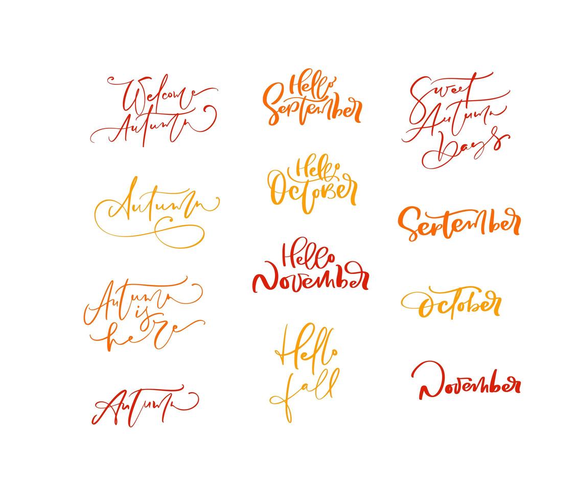 Bundle set of Orange vector lettering calligraphy autumn phrases. Hand drawn isolated illustration for greeting card. Perfect for seasonal holidays, Thanksgiving Day